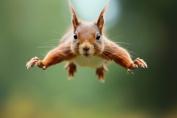 Red Squirrel Jumping. Red squirrel in the forest looking at the camera. flying squirrel. Red Squirrel jumps towards the camera, isolated on a green background - obrazy, fototapety, plakaty
