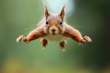 Plexiglas foto achterwand Red Squirrel Jumping. Red squirrel in the forest looking at the camera. flying squirrel. Red Squirrel jumps towards the camera, isolated on a green background © Nataliia_Trushchenko