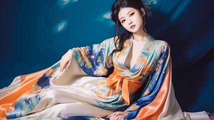 A woman in a blue and orange kimono is sitting on a bed.