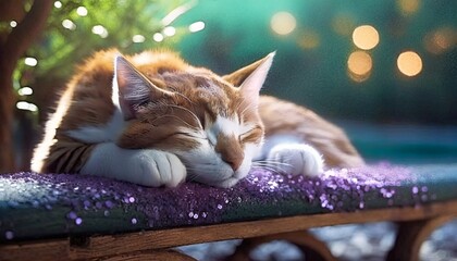 Purple shimmer sleeping orange cat - Powered by Adobe