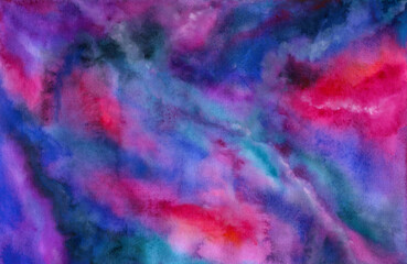 Abstract colorful space illustration in 80s style. Abstract background. Watercolor wash texture. Hand painted background with white, pink and blue colors.