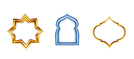 Watercolor set of frames with Islamic arabian golden star, Moroccan arabian mosaic illustrations isolated on white background. Muslim golden hand drawn holiday Ramadan Kareem or Eid Al Adha 2024. Fo