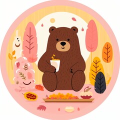 A bear is eating a bowl of nuts in the woods