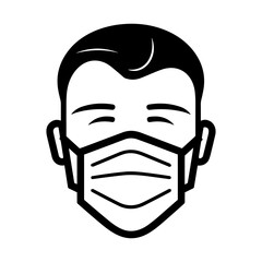 Man in medical mask. Medical mask icon. Black and white icon of man face with mask.