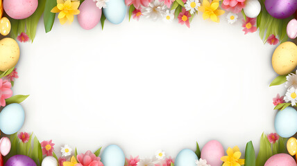 Naklejka na ściany i meble Beautiful Easter frame of multi-colored eggs and flowers with white background