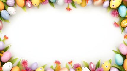 Naklejka na ściany i meble Beautiful Easter frame of multi-colored eggs and flowers with white background