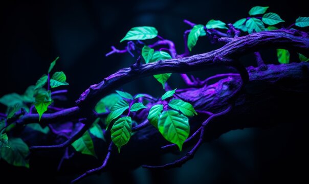 Generative AI image of neon green foliage leaves on a gnarly tree branch in an ultraviolet enchanted forest