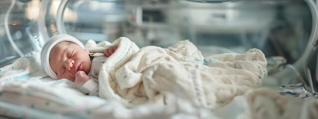 Generative AI image of Newborn baby girl inside incubator in hospital post delivery room