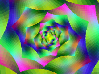Fraktalny spiralny układ geometrycznych kształtów o chropowatej teksturze złożonej z małych kwadratów w żywej gradientowej kolorystyce - obrazy, fototapety, plakaty
