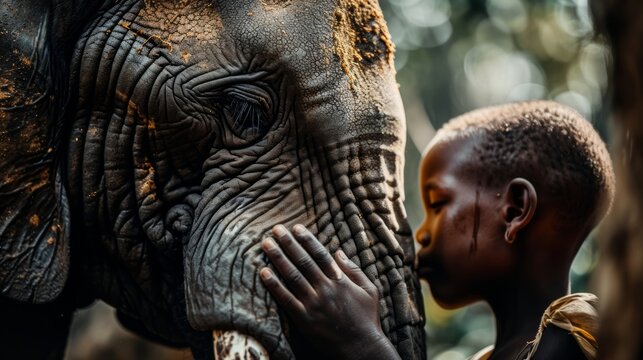 Generative AI image of photo of a boy kissing an elephant in the forest