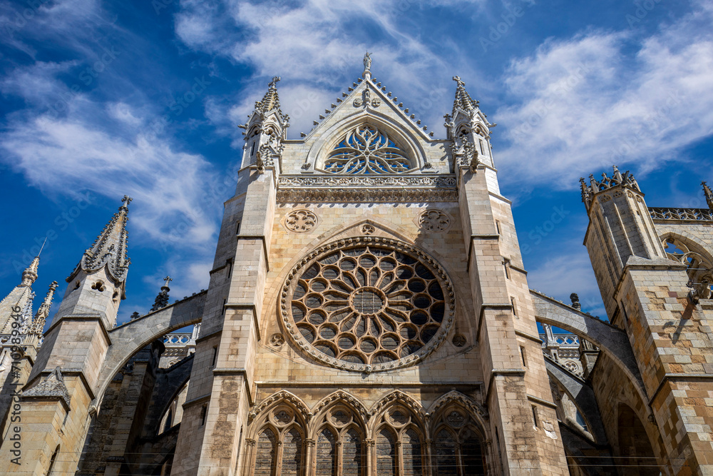 Wall mural One of the side facades of the Gothic cathedral of Leon in León, Castilla y León, Spain in daylight