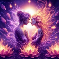 Twin flame couple. Soulmates. The concept of magical, esoteric, tantric, spiritual love. Connection between souls. Illustration for websites and much more. Created using generative ai tools.