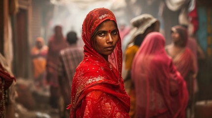 Generative AI image of hindu woman wearing a red sari 