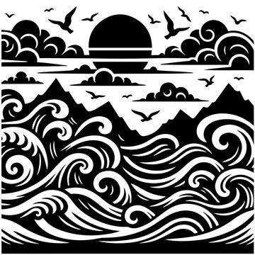 Sea Waves and Birds Vector Logo Art