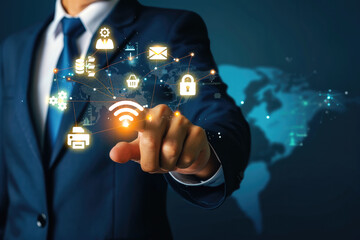 A businessman clicks on a wifi icon with the ability to access the network with data