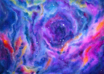 Abstract colorful space illustration in 80s style. Watercolor wash texture. Hand painted abstract galaxy illustration with bright colors.