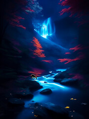 Fantastic landscape with waterfalls and red leaf trees, deer drinking creek water under moonlight, Artistic Wallpaper Design for Cell Phone, Smartphone, Computer, Tablet and Wall Art for Home Decor