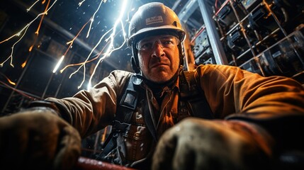 Obraz premium Industrial worker in hard hat and safety glasses looking at camera with sparks in the background