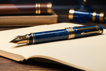 Beautiful fountain pen with notepad on a wooden table.