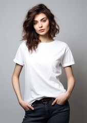 Fototapeta premium model in a white T-shirt on a gray background.