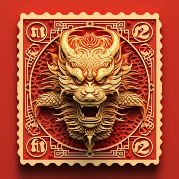 Chinese zodiac golden dragon on red background, 3D rendering, Ai Generated