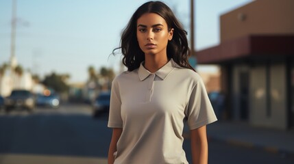 Fototapeta premium A young woman in a gray polo shirt is standing in a parking lot.