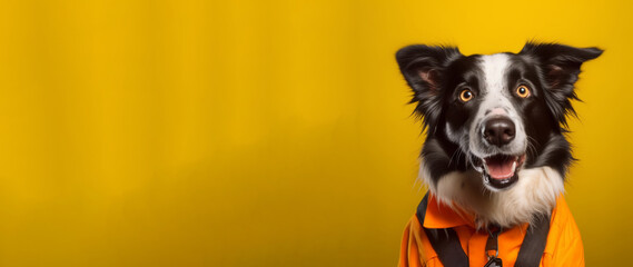 Generative AI image of real photo, portrait of photorealistic dog, border collie, dressed in a Nickelodeon-themed digital marketer outfit
