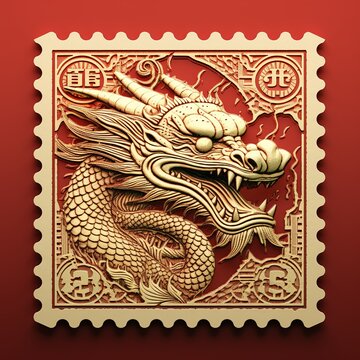 Chinese stamp with golden dragon on red background. 3D rendering, Ai Generated