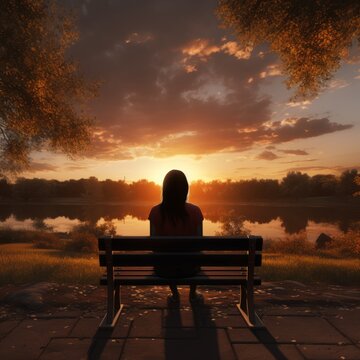 Generative AI image of real picture of a girl sitting alone on a park bench looking at sunset