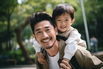 Happy Asian father carrying his son on his back