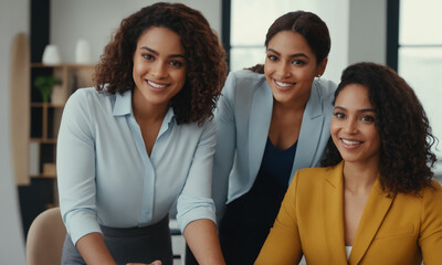 Three multicultural young business women in official outfits looking at the camera smiling - obrazy, fototapety, plakaty