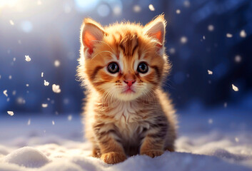 A cute, fluffy kitten sits on the snow with a winter backdrop. Ai-generated.