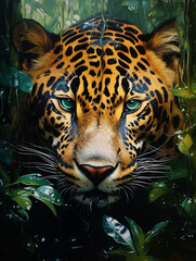 a rainforest scene reflected in a jaguar's eyes, in the style of photorealism, environmental themes created with Generative Ai