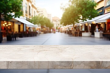 Generative AI image of Stone table top and blurred shopping plaza background