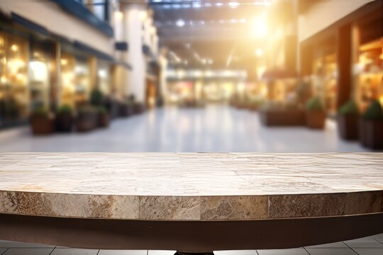 Generative AI image of Stone table top and blurred shopping plaza background