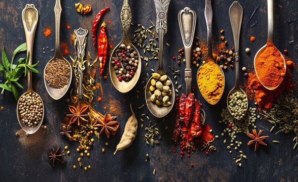 Generative AI image of spoons of spices and herbs in a dark background