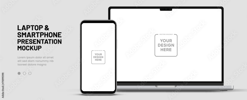 Poster Modern laptop mockup front view and smartphone mockup high quality isolated on white background. Notebook mockup and phone device mockup for ui ux app and website presentation Stock Vector