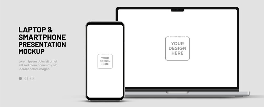Modern laptop mockup front view and smartphone mockup high quality isolated on white background. Notebook mockup and phone device mockup for ui ux app and website presentation Stock Vector