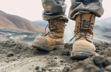 A rugged construction worker, clad in leather safety boots, stands resolute in mud, epitomizing hard work and dedication in the challenging construction environment with a focus on footwear safety