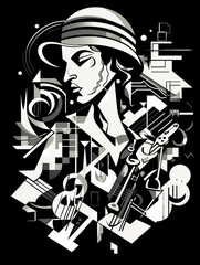 T-shirt design, a black-and- white ink portrait of a musician playing a saxophone created with Generative Ai