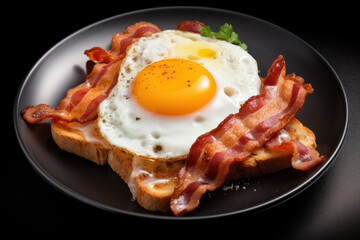 Appetizing toast bread with fried eggs and bacon on black plate isolated dark background