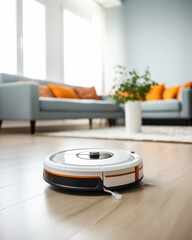 Smart modern white robot vacuum cleaner on floor in living room for daily dry cleaning of house
