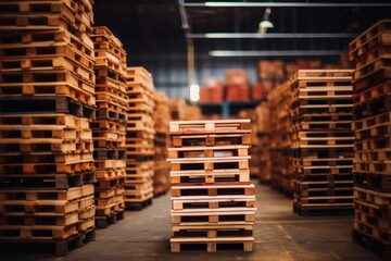 Stacks of wooden euro pallets for packing and transportation of goods inside large warehouse