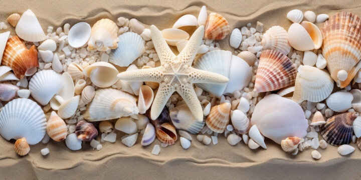 Summer marine background with collection of different white and beige seashells and starfish, flat lay of sandy beach as natural textured for travel design