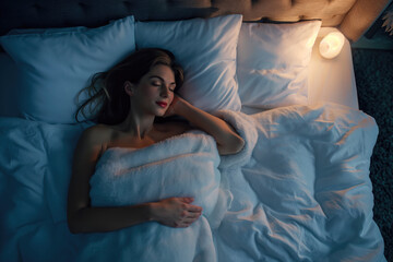 Girl sleeping in bed with a night light on, sound sleep, top view of girl lying down