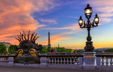 Fototapeta na wymiar Street lantern on the Alexandre III Bridge with the Eiffel Tower in the background in Paris, France. Architecture and landmarks of Paris. Sunset cityscape of Paris