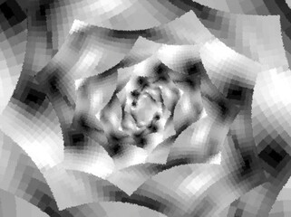 Fraktalny spiralny układ geometrycznych kształtów o chropowatej teksturze złożonej z małych kwadratów w szaro, biało, czarnej stonowanej kolorystyce 