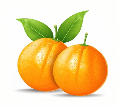 Two fresh and juicy round ripe oranges with green leaves