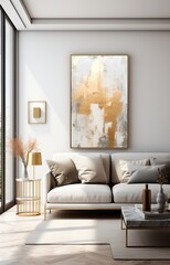 Modern living room interior with white sofa and golden painting