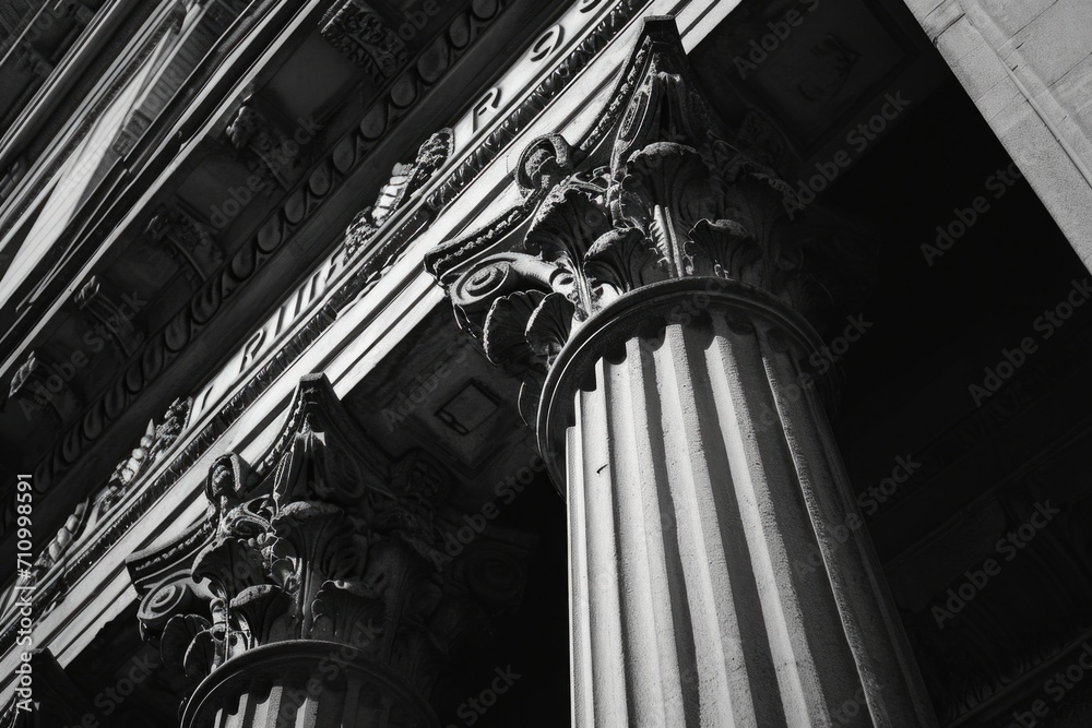 Poster a black and white photo of a building with columns. suitable for architectural designs and historica